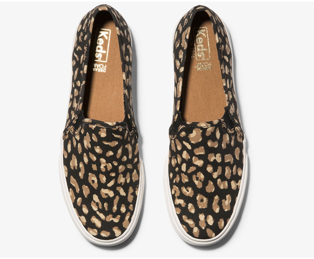 Keds Slip Ons Black/Leopard - Washable Double Decker Animal - Womens VCDMPK-412